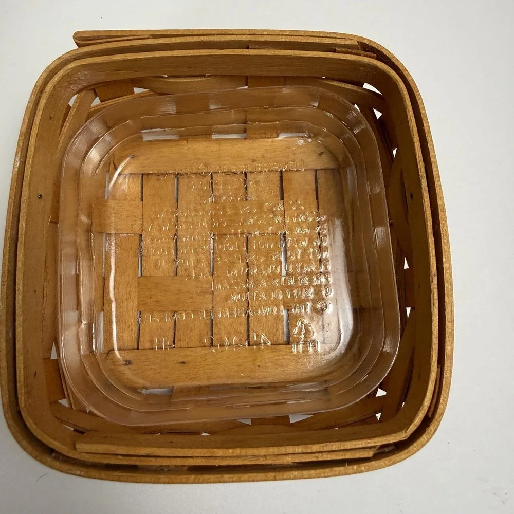 Vintage Longaberger Basket Set Of 2 Brown Handwoven Wood W Plastic Liners USA